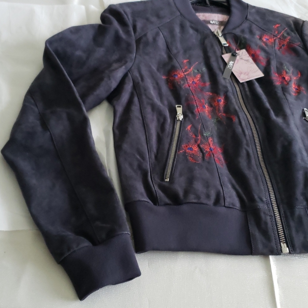 Andrew Marc New Bomber Embroidered Suede Leather Jacket Navy Women's M - Picture 13 of 16
